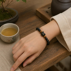 Cute Ebony Wood Cat Head Pattern Peace Bracelet featuring Ebony Wood, Ebony, Tiger Eye