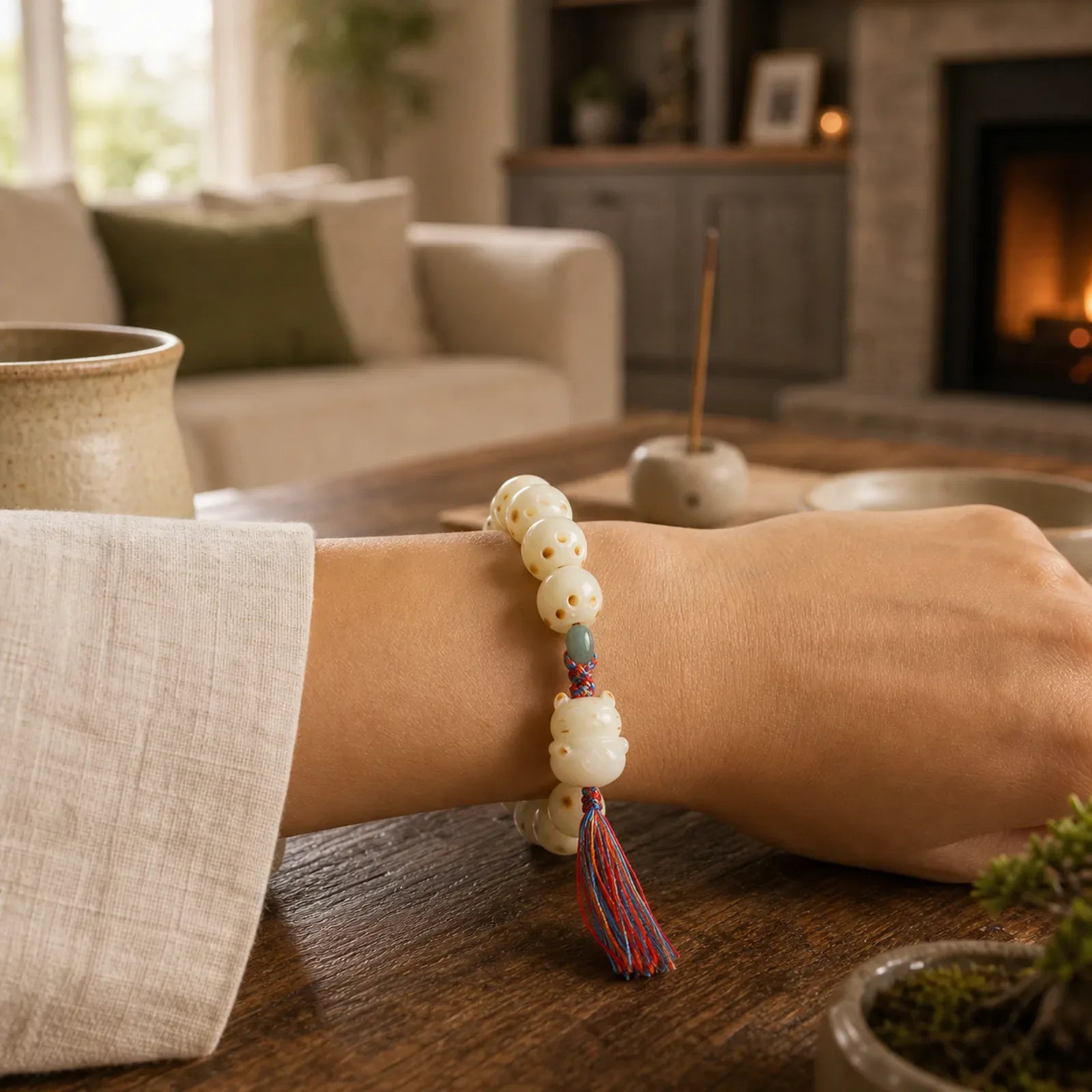 Cute Lucky Cat Bodhi Seed Cat Paw Harmony Bracelet featuring Bodhi Seed