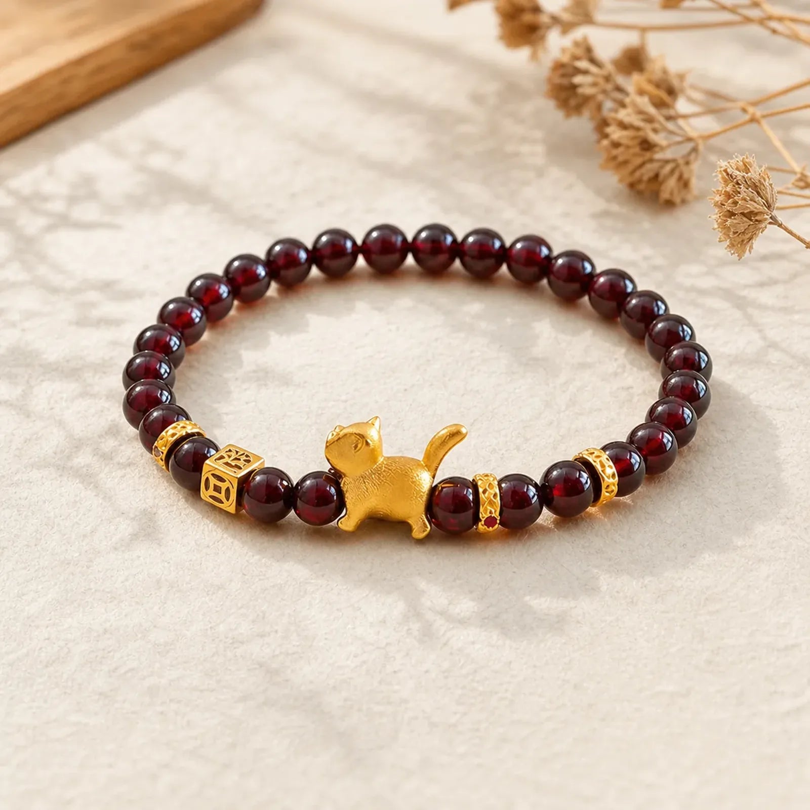 Cute Lucky Cat Charm Garnet Cinnabar Calm Protection Beaded Bracelet featuring Garnet, Cinnabar