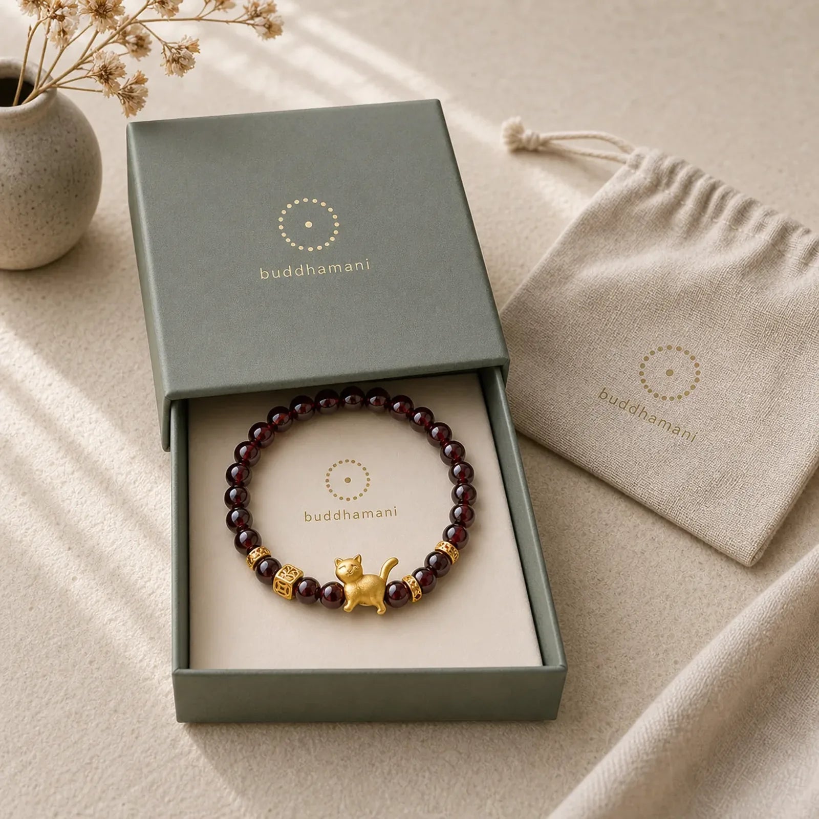 Cute Lucky Cat Charm Garnet Cinnabar Calm Protection Beaded Bracelet featuring Garnet, Cinnabar