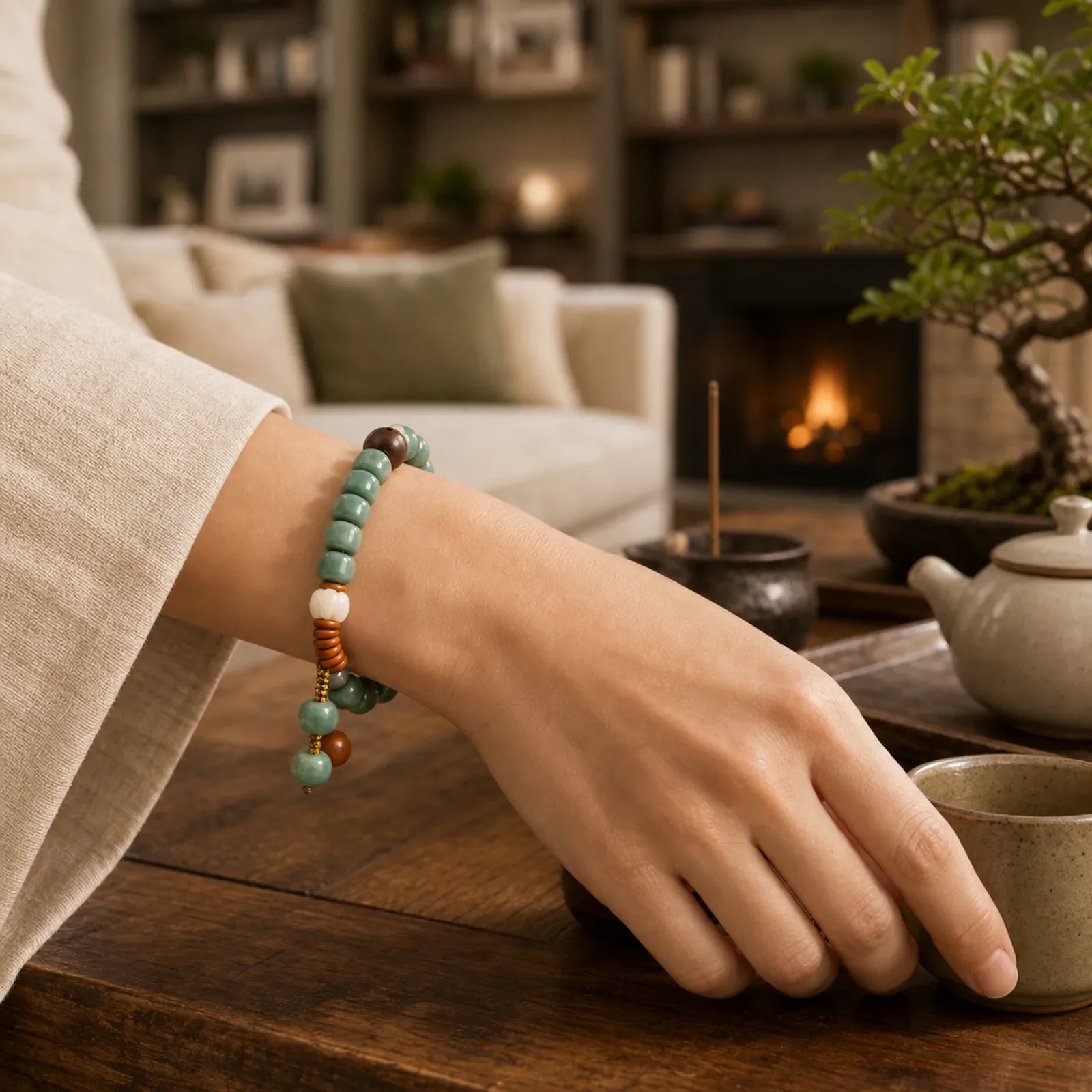 Cyan Bodhi Seed Success Bracelet featuring Bodhi Seed, Jade