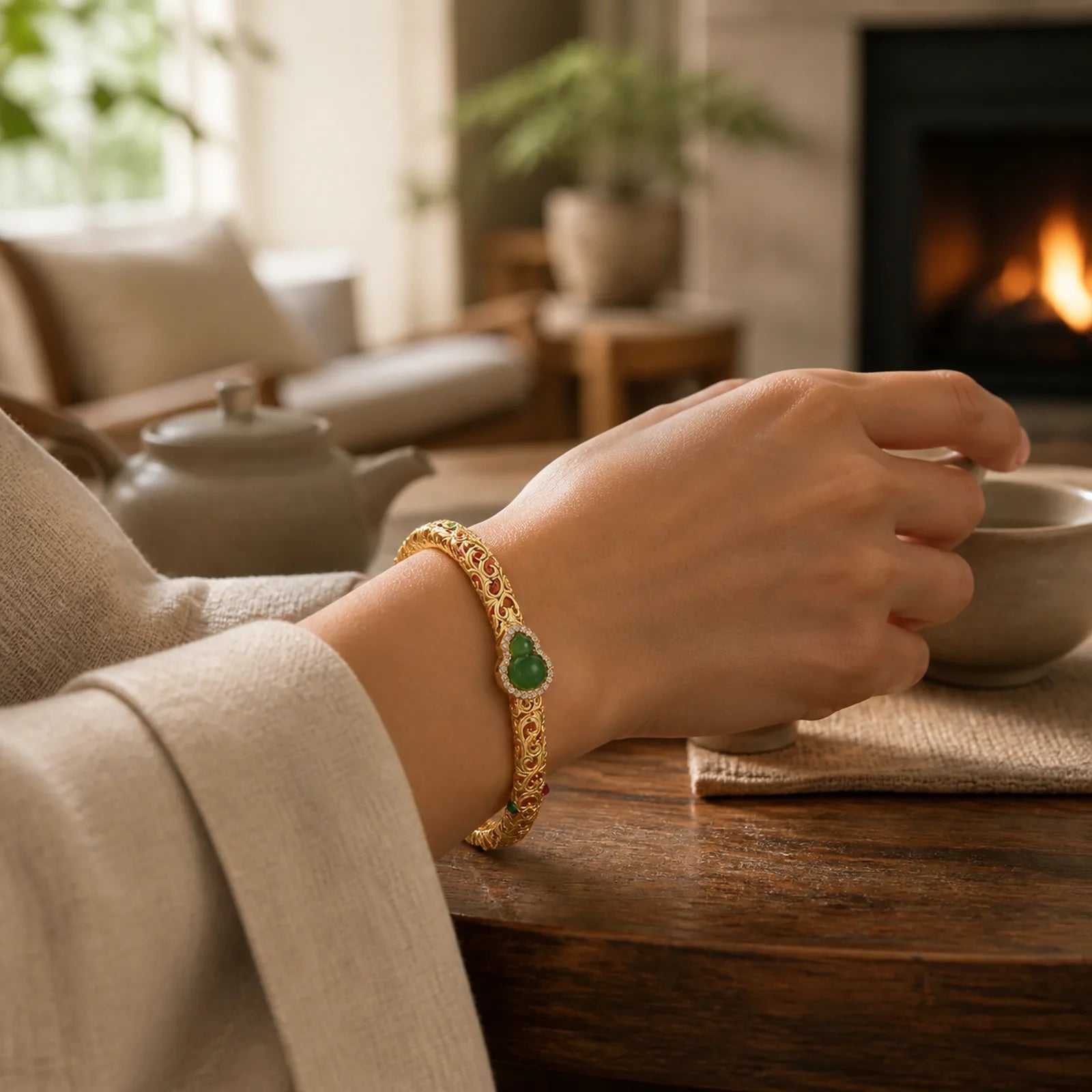 Cyan Jade Copper Plated Gold Auspicious Clouds Gourd Luck Bracelet Bangle featuring Cyan Jade, Jade, Copper