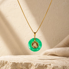 Cyan Jade Fu Character Peace Buckle Healing Luck Necklace Pendant featuring Cyan Jade, Jade, Fu Character