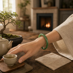 Cyan Jade Longevity Blessing Bangle Bracelet featuring Cyan Jade, Jade