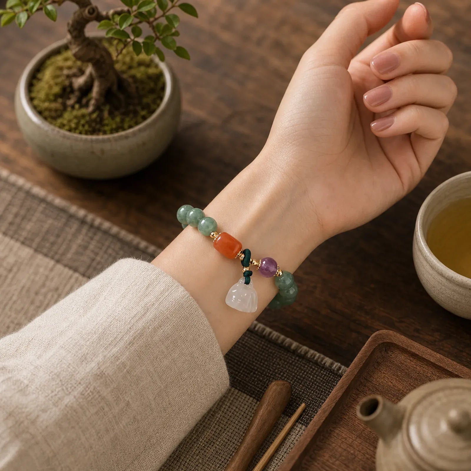 Cyan Jade Lotus Pumpkin Wish Peace Buckle Amethyst Crystal Healing Bracelet featuring Cyan Jade, Lotus, Peace Buckle