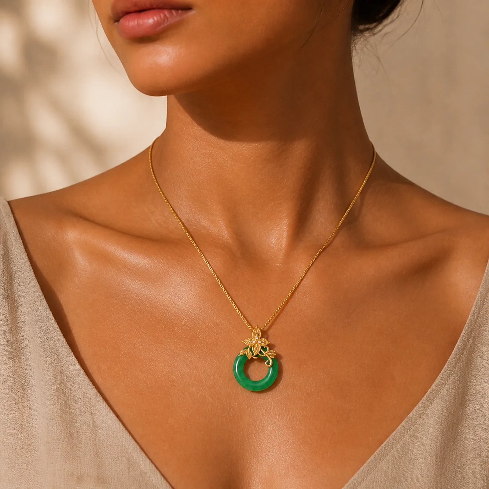 Cyan Jade Peace Buckle Alloy Flower Healing Luck Necklace Pendant featuring Cyan Jade, Jade, Peace Buckle