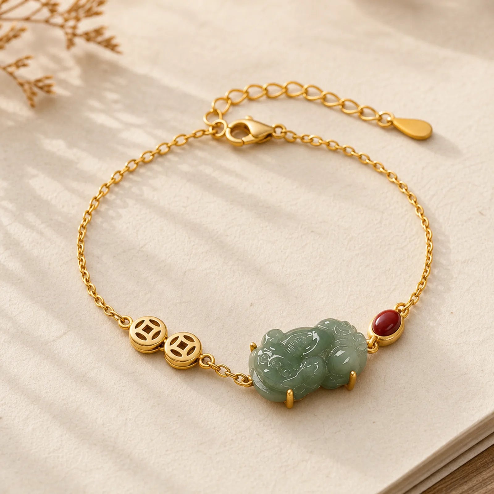 Cyan Jade PiXiu Copper Coin Red Agate Success Chain Bracelet featuring Cyan Jade, Jade, Pixiu