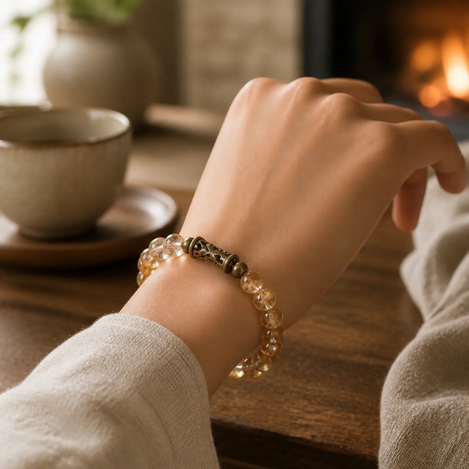 Daily Retro 10mm Citrine Beads Protection Bracelet featuring Citrine, Copper