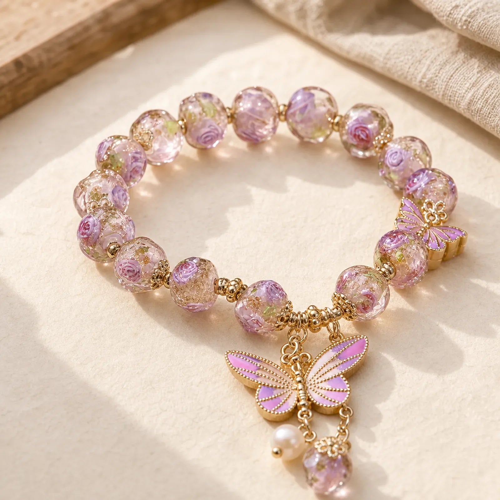 Double Butterflies Charm Flower Liuli Glass Beaded Love Bracelet featuring Five Elements, Feng Shui Butterfly, Butterfly