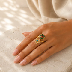 Double Petals Copper Dripping Turquoise Wealth Ring featuring Copper, Turquoise