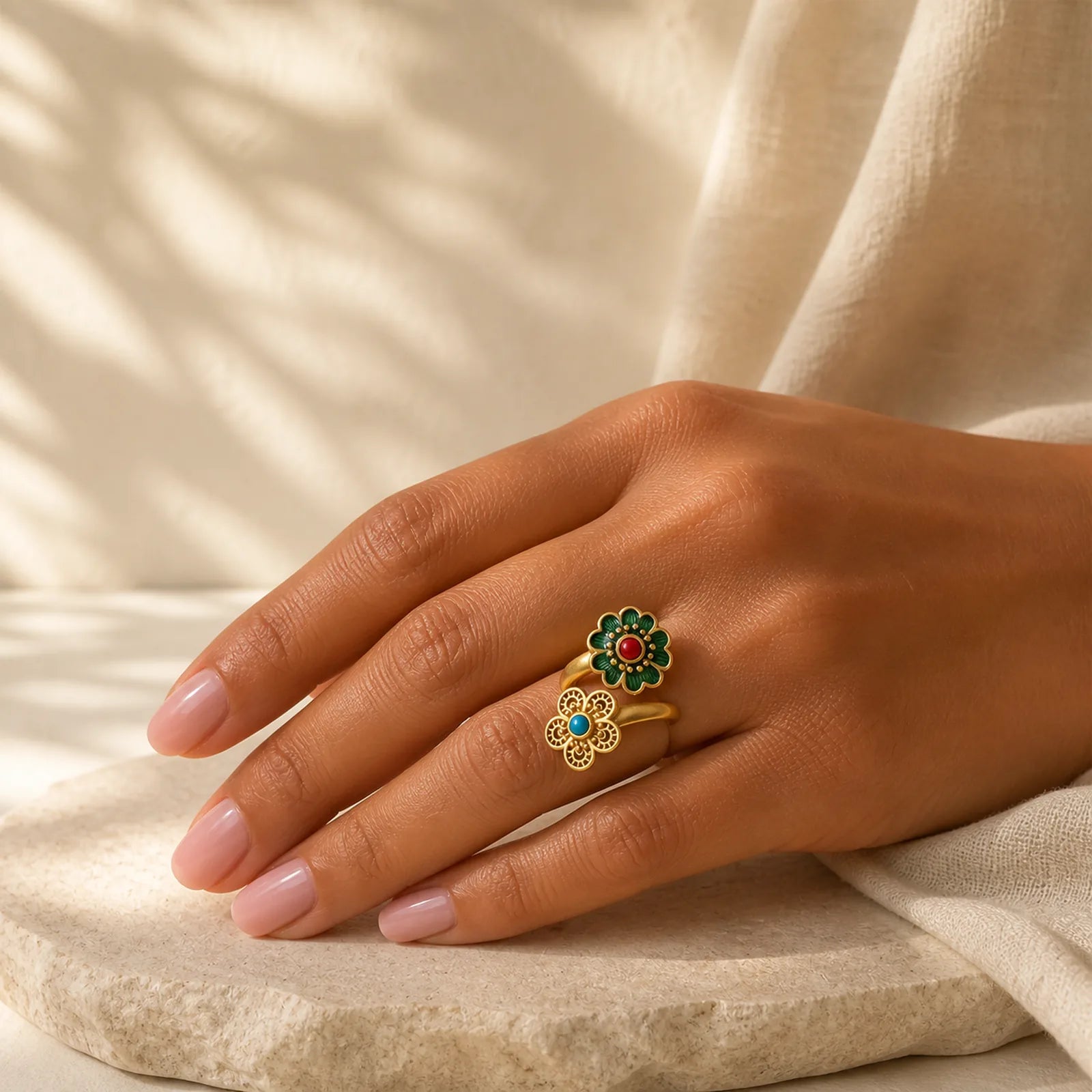 Double Petals Copper Dripping Turquoise Wealth Ring featuring Copper, Turquoise