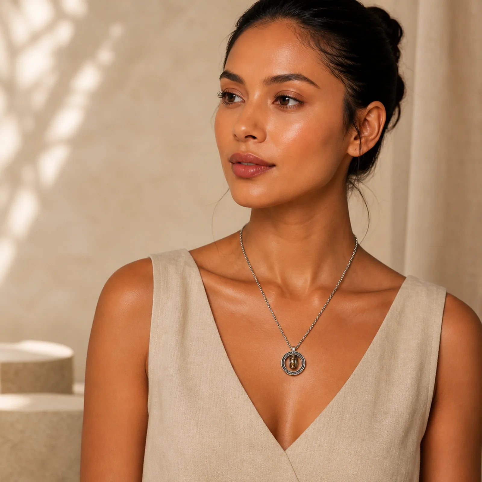 Double Ring PiXiu Peace Buckle Wealth Rotatable Necklace Pendant featuring Pixiu, Peace Buckle, Copper