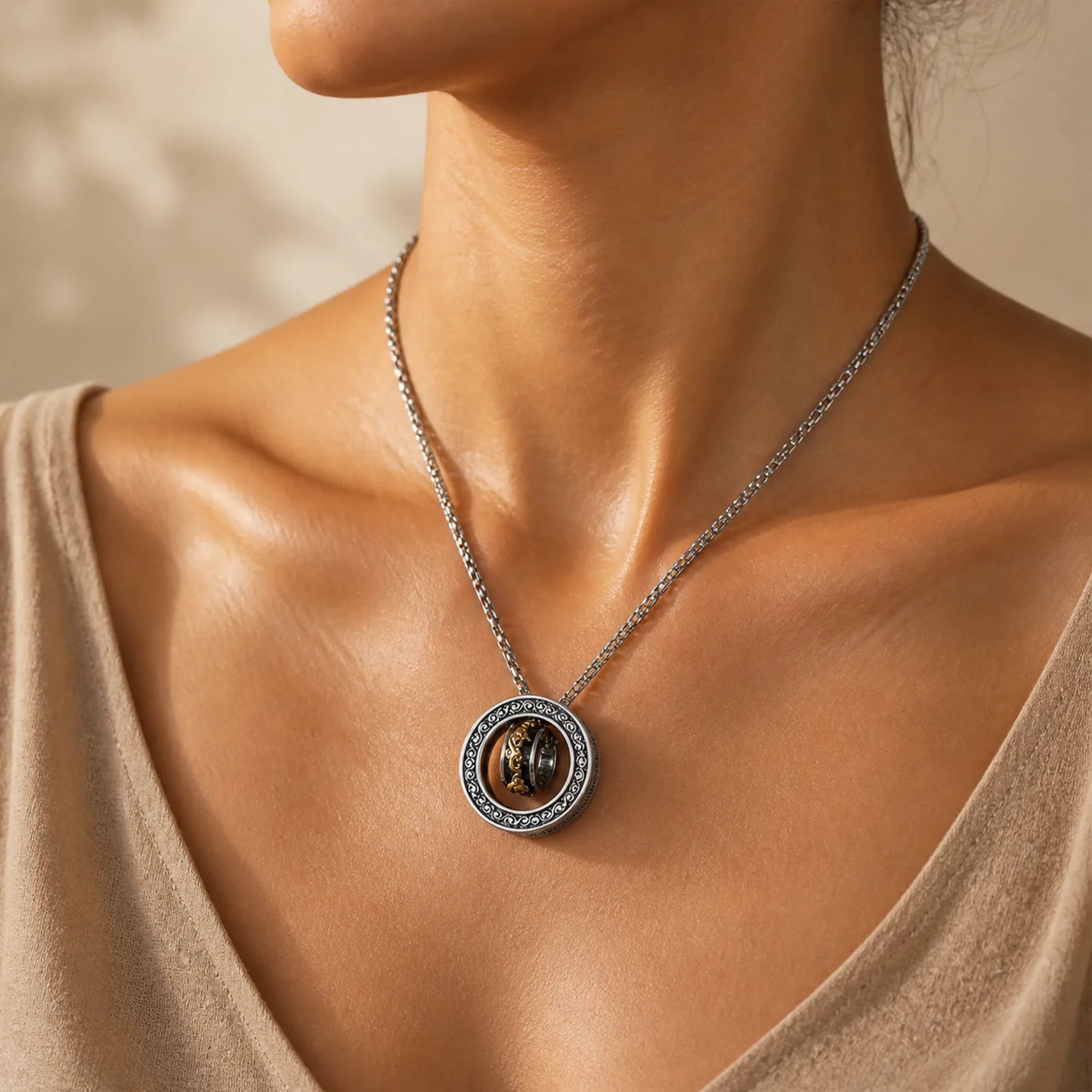 Double Ring PiXiu Peace Buckle Wealth Rotatable Necklace Pendant featuring Pixiu, Peace Buckle, Copper