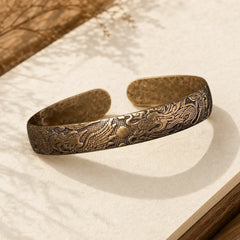 Dragon And Phoenix Playing With A Pearl Carved Copper Brass Luck Protection Bracelet Bangle featuring Dragon, Phoenix, Pearl