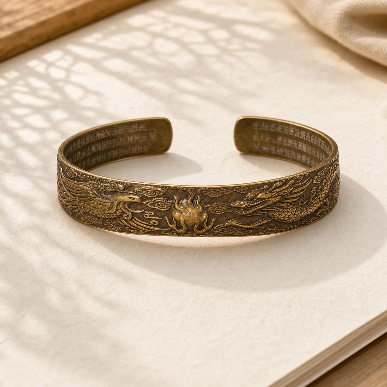 Dragon And Phoenix Playing With A Pearl Heart Sutra Carved Copper Brass Luck Bracelet Bangle featuring Dragon, Phoenix, Pearl