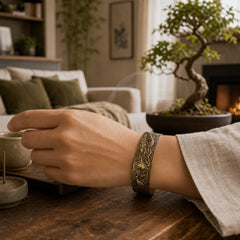 Dragon And Phoenix Playing With A Pearl Heart Sutra Carved Copper Brass Luck Bracelet Bangle featuring Dragon, Phoenix, Pearl