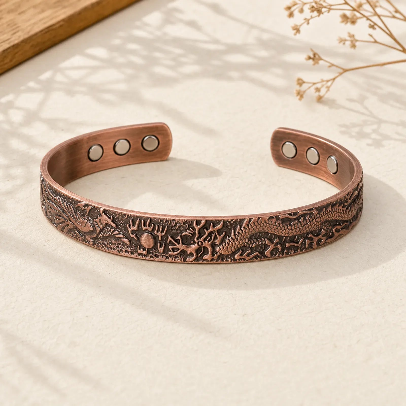 Dragon Phoenix Magnetic Solid Copper Cuff Bracelet Bangle featuring Dragon, Phoenix, Copper