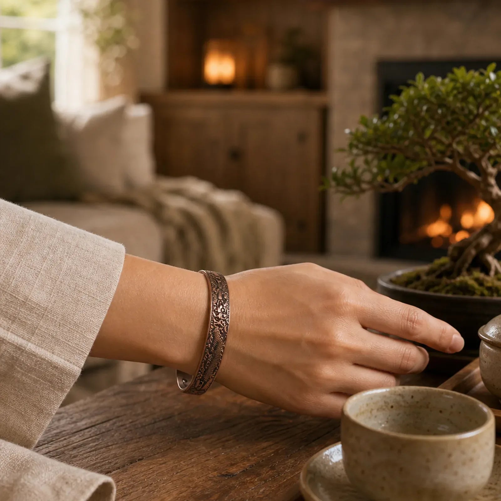 Dragon Phoenix Magnetic Solid Copper Cuff Bracelet Bangle featuring Dragon, Phoenix, Copper
