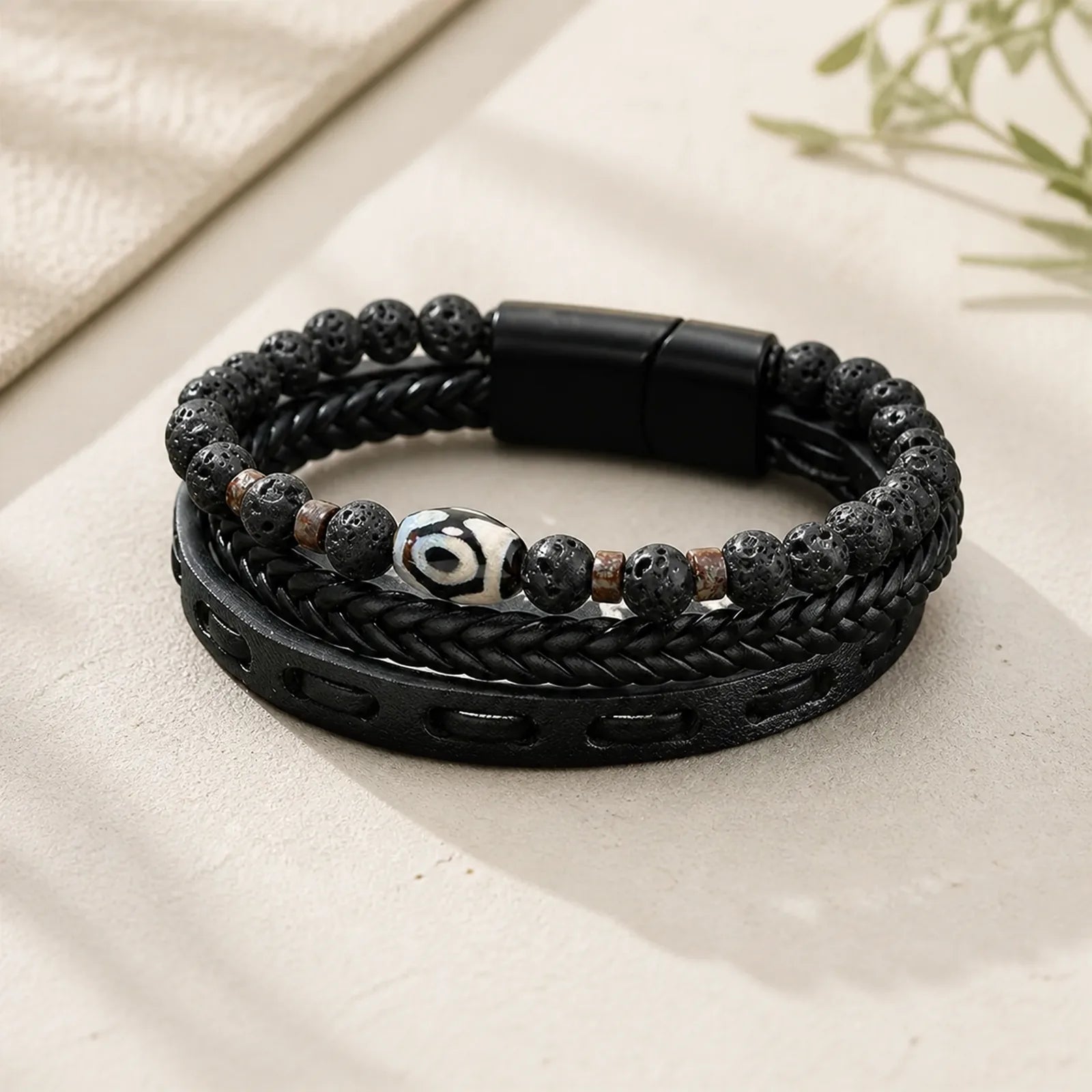 Dzi Bead Lava Rock Multilayered Braided Leather Wealth Bracelet featuring Dzi Bead, Lava Rock, Nine-Eye Dzi Bead