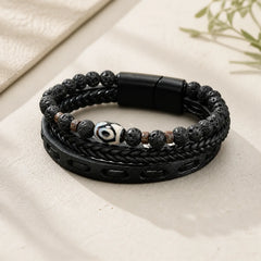 Dzi Bead Lava Rock Multilayered Braided Leather Wealth Bracelet featuring Dzi Bead, Lava Rock, Nine-Eye Dzi Bead