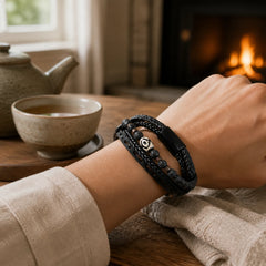 Dzi Bead Lava Rock Multilayered Braided Leather Wealth Bracelet featuring Dzi Bead, Lava Rock, Nine-Eye Dzi Bead
