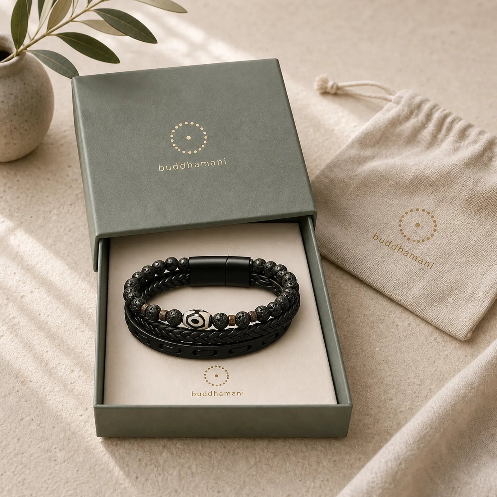 Dzi Bead Lava Rock Multilayered Braided Leather Wealth Bracelet featuring Dzi Bead, Lava Rock, Nine-Eye Dzi Bead