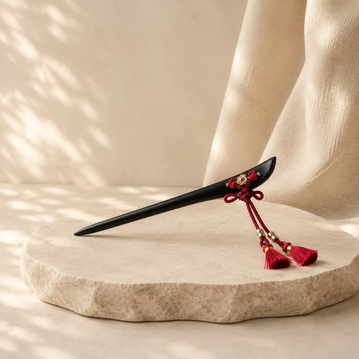 Ebony Red String Chinese Knot Tassel Protection Hairpin featuring Ebony, Red String, Sandalwood