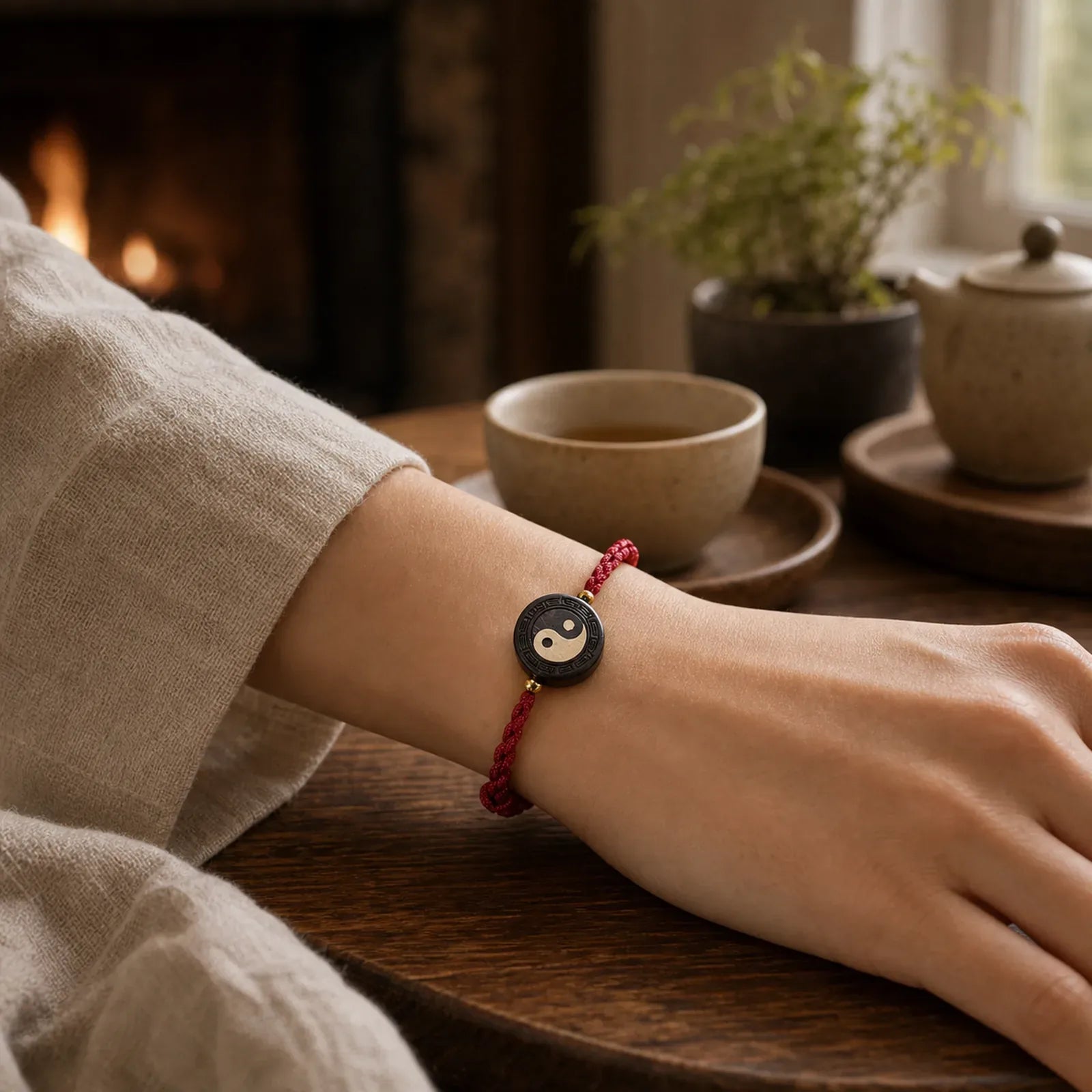 Ebony Wood Bagua Grounding Red String Bracelet featuring Ebony Wood, Ebony, Bagua