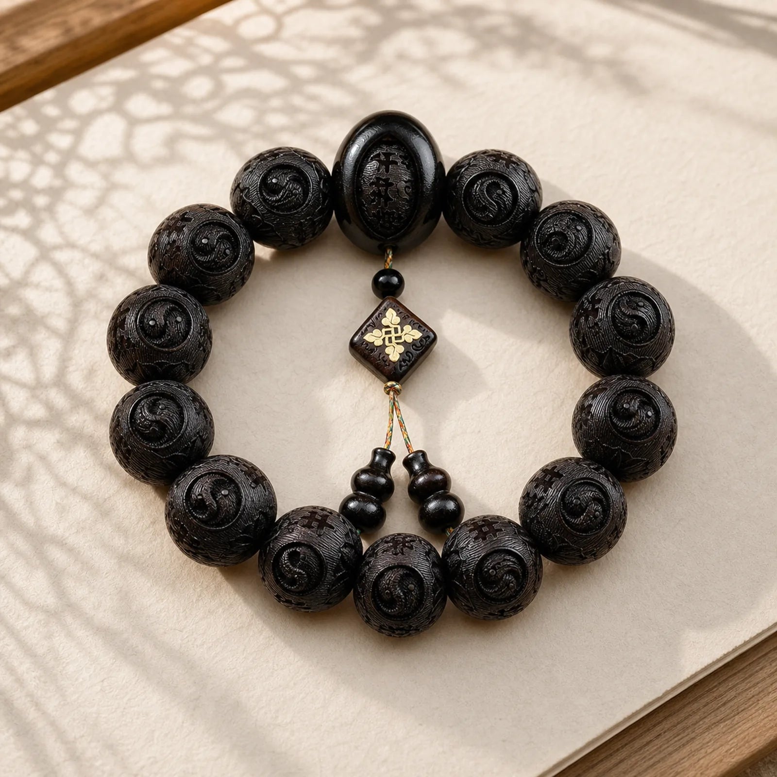 Ebony Wood Chinese Character Yin Yang Engraved Gourd Balance Bracelet featuring Ebony Wood, Ebony, Yin Yang Symbol