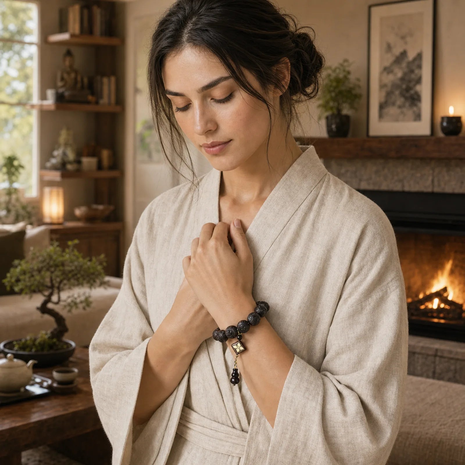 Ebony Wood Chinese Character Yin Yang Engraved Gourd Balance Bracelet featuring Ebony Wood, Ebony, Yin Yang Symbol