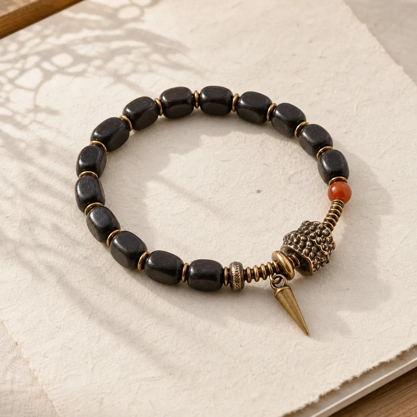 Ebony Wood Copper Brass Red Agate Peace Bracelet featuring Ebony Wood, Ebony, Copper