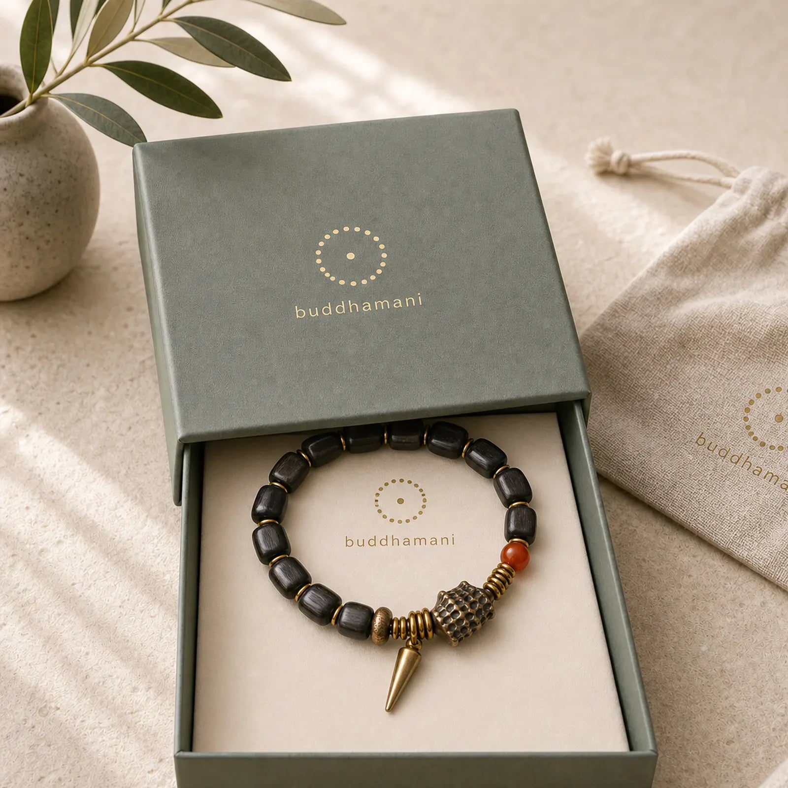 Ebony Wood Copper Brass Red Agate Peace Bracelet featuring Ebony Wood, Ebony, Copper
