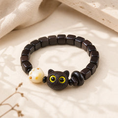 Ebony Wood Cute Cat Bodhi Seed Paw Claw Square Beads Calm Bracelet featuring Ebony Wood, Ebony, Bodhi Seed
