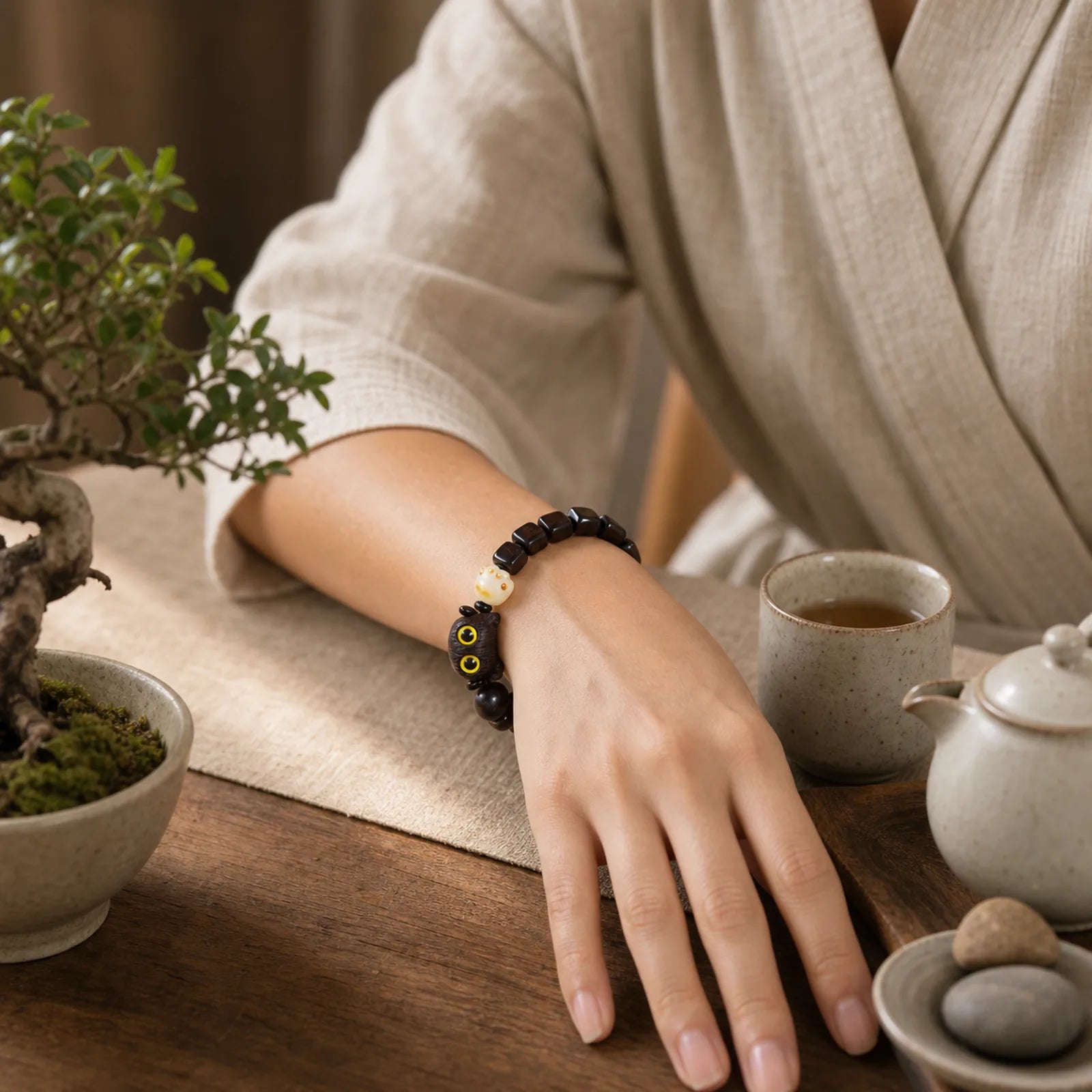 Ebony Wood Cute Cat Bodhi Seed Paw Claw Square Beads Calm Bracelet featuring Ebony Wood, Ebony, Bodhi Seed