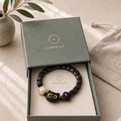 Ebony Wood Cute Cat Bodhi Seed Paw Claw Square Beads Calm Bracelet featuring Ebony Wood, Ebony, Bodhi Seed