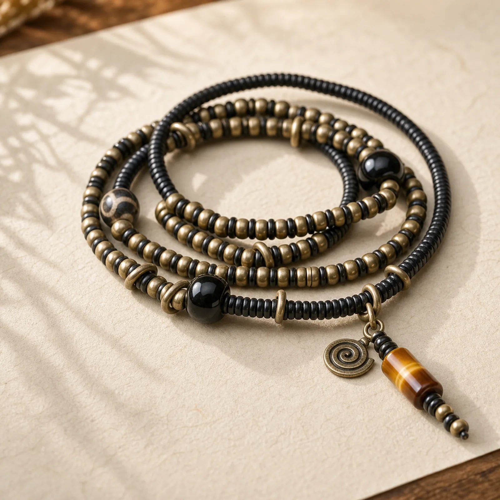 Ebony Wood Dzi Bead Copper Peace Couple Bracelet Necklace Pendant featuring Ebony Wood, Ebony, Dzi Bead