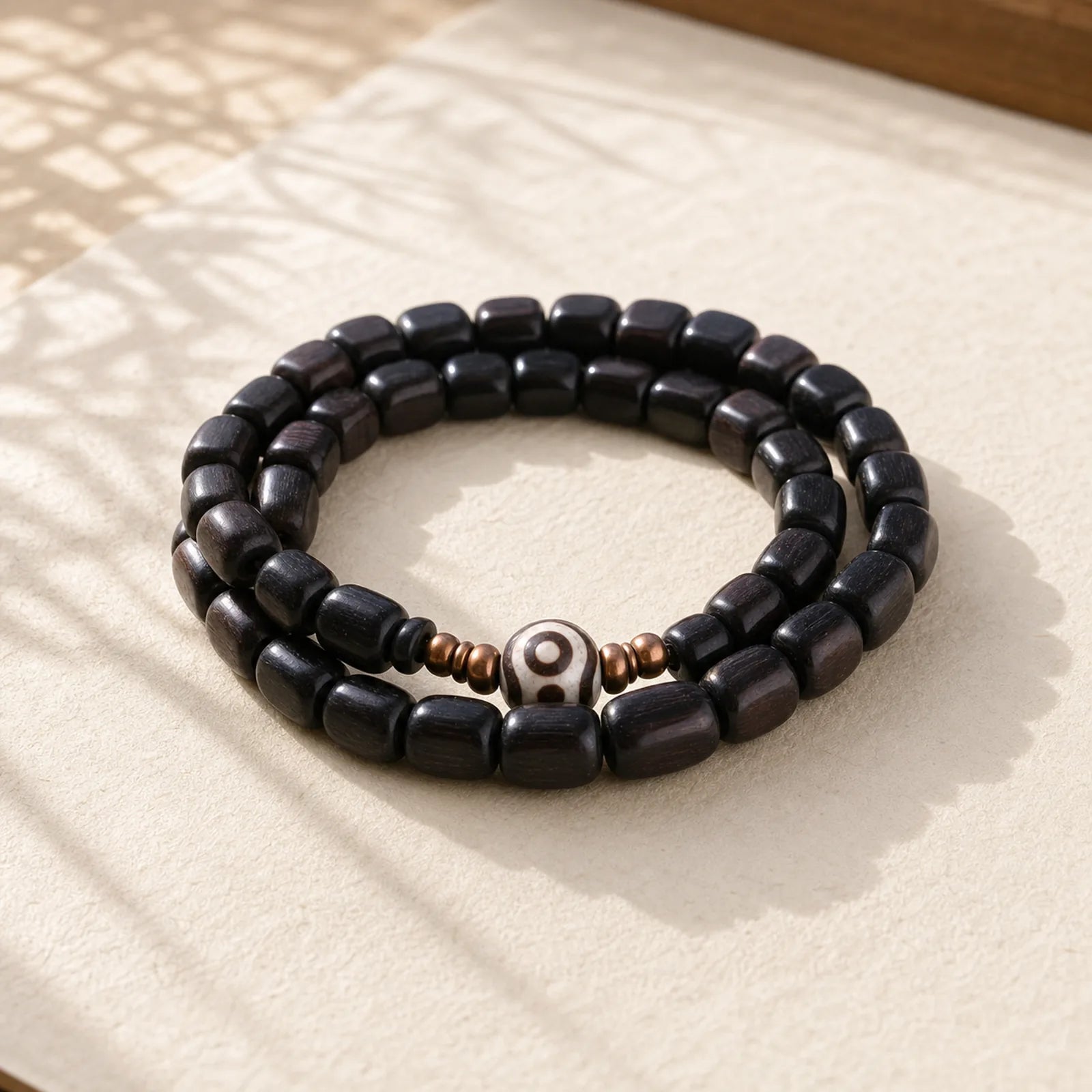 Ebony Wood Dzi Bead Copper Peace Couple Bracelet featuring Ebony Wood, Ebony, Dzi Bead