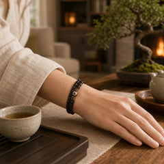 Ebony Wood Dzi Bead Copper Peace Couple Bracelet featuring Ebony Wood, Ebony, Dzi Bead