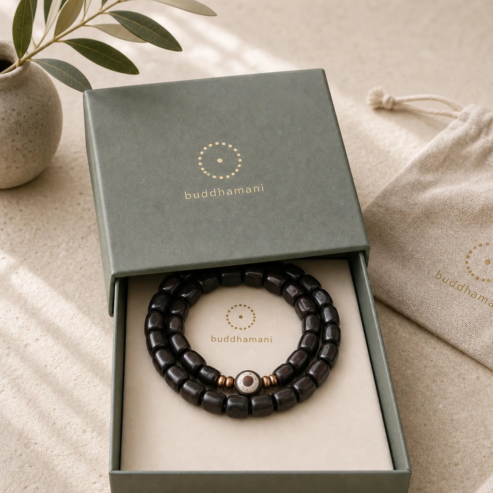 Ebony Wood Dzi Bead Copper Peace Couple Bracelet featuring Ebony Wood, Ebony, Dzi Bead