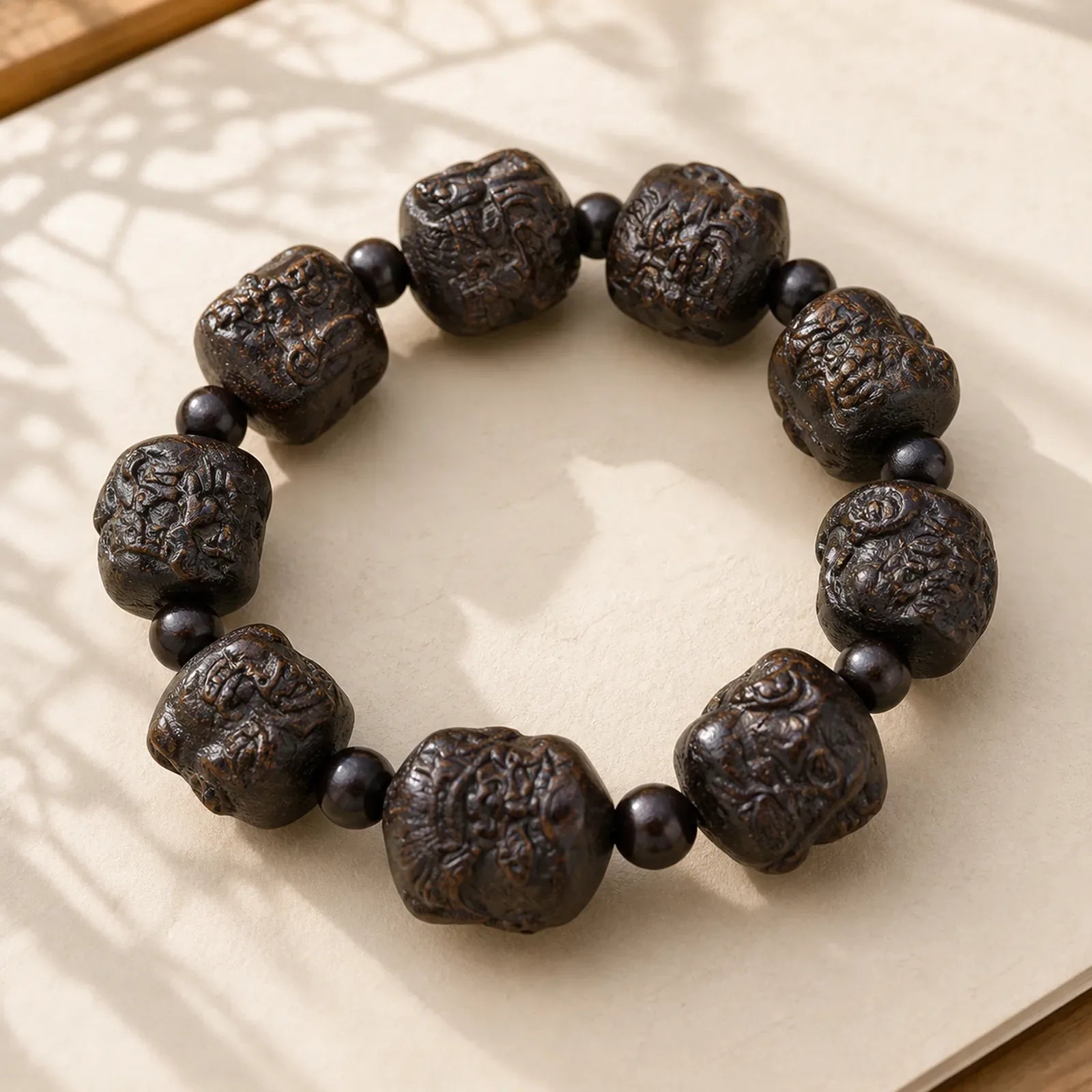 Ebony Wood Eighteen Arhats Lotus Dragon Engraved Balance Bracelet featuring Ebony Wood, Ebony, Lotus