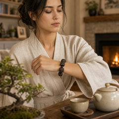 Ebony Wood Eighteen Arhats Lotus Dragon Engraved Balance Bracelet featuring Ebony Wood, Ebony, Lotus
