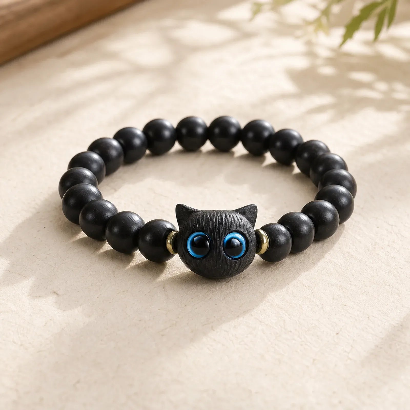Ebony Wood Green Sandalwood Cute Cat Peace Bracelet featuring Ebony Wood, Ebony, Green Sandalwood
