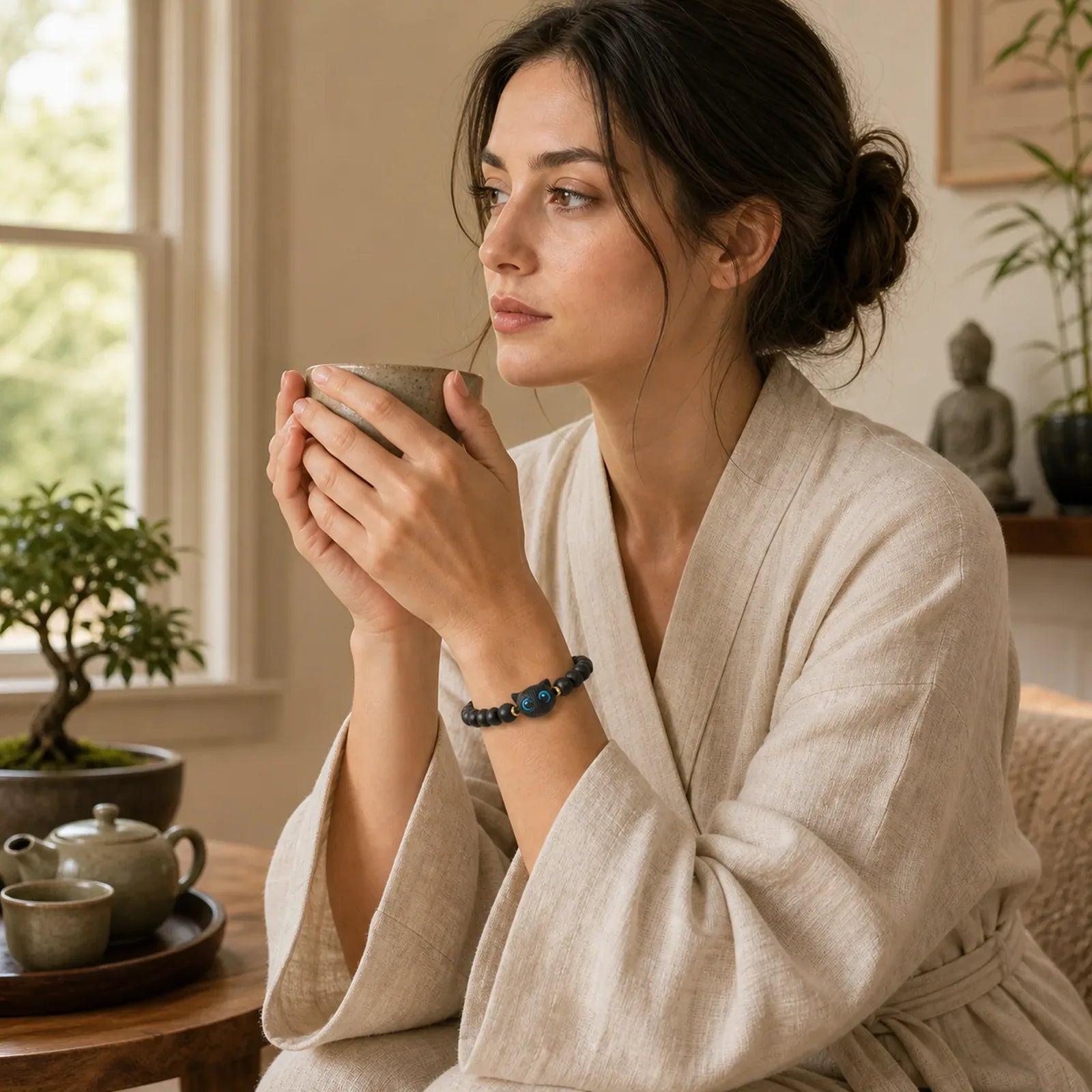 Ebony Wood Green Sandalwood Cute Cat Peace Bracelet featuring Ebony Wood, Ebony, Green Sandalwood
