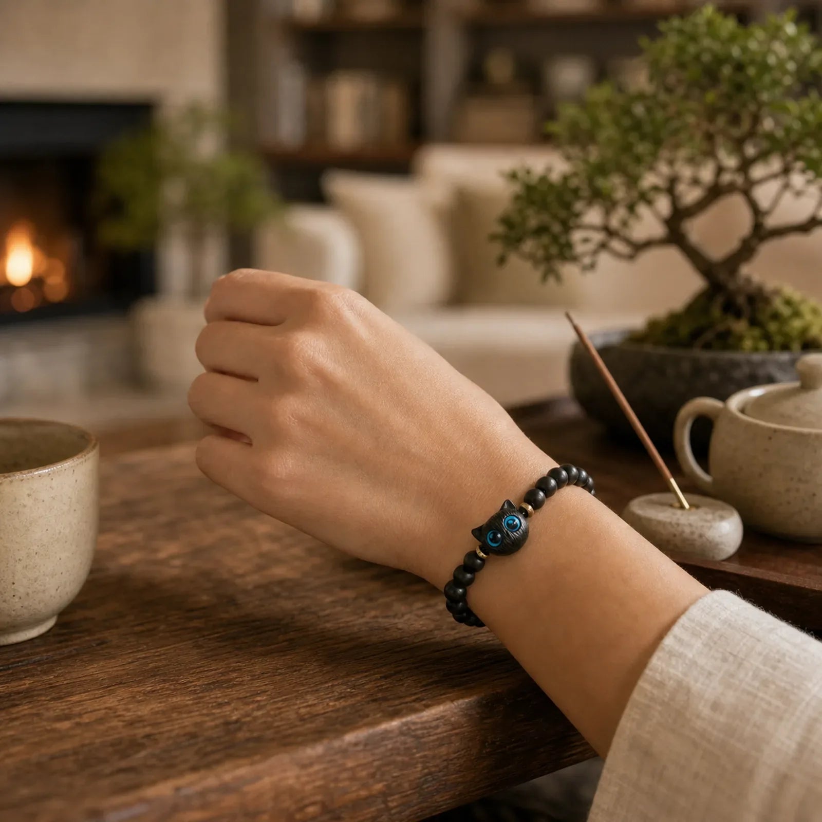 Ebony Wood Green Sandalwood Cute Cat Peace Bracelet featuring Ebony Wood, Ebony, Green Sandalwood