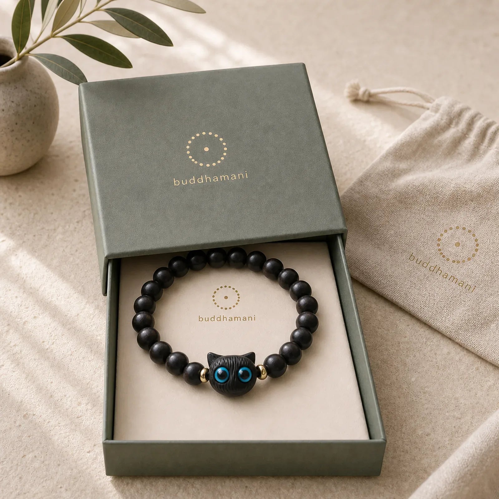 Ebony Wood Green Sandalwood Cute Cat Peace Bracelet featuring Ebony Wood, Ebony, Green Sandalwood