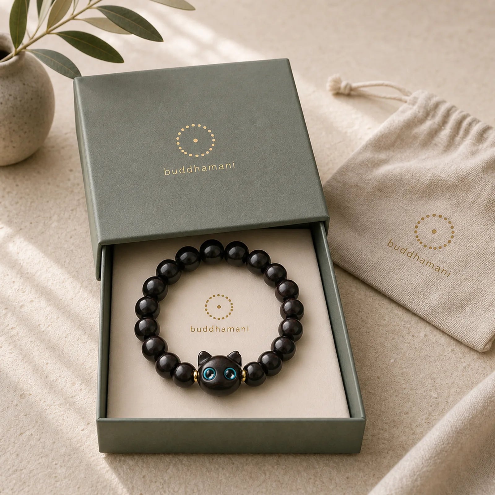 Ebony Wood Green Sandalwood Red Sandalwood Lovely Cat Balance Bracelet featuring Ebony Wood, Ebony, Green Sandalwood