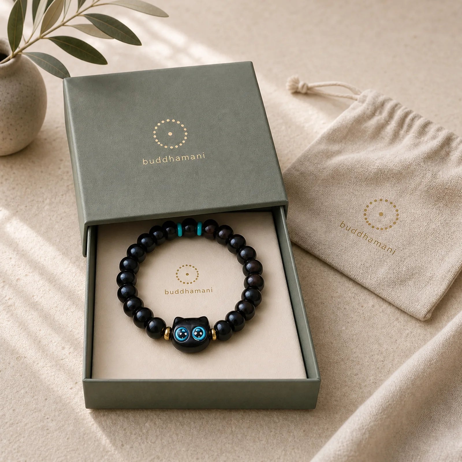 Ebony Wood Liuli Glass Lovely Cat Peace Balance Bracelet featuring Ebony Wood, Ebony