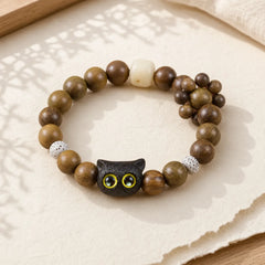 Ebony Wood Lucky Cat Grounding Beaded Bracelet featuring Ebony Wood, Ebony, Sandalwood