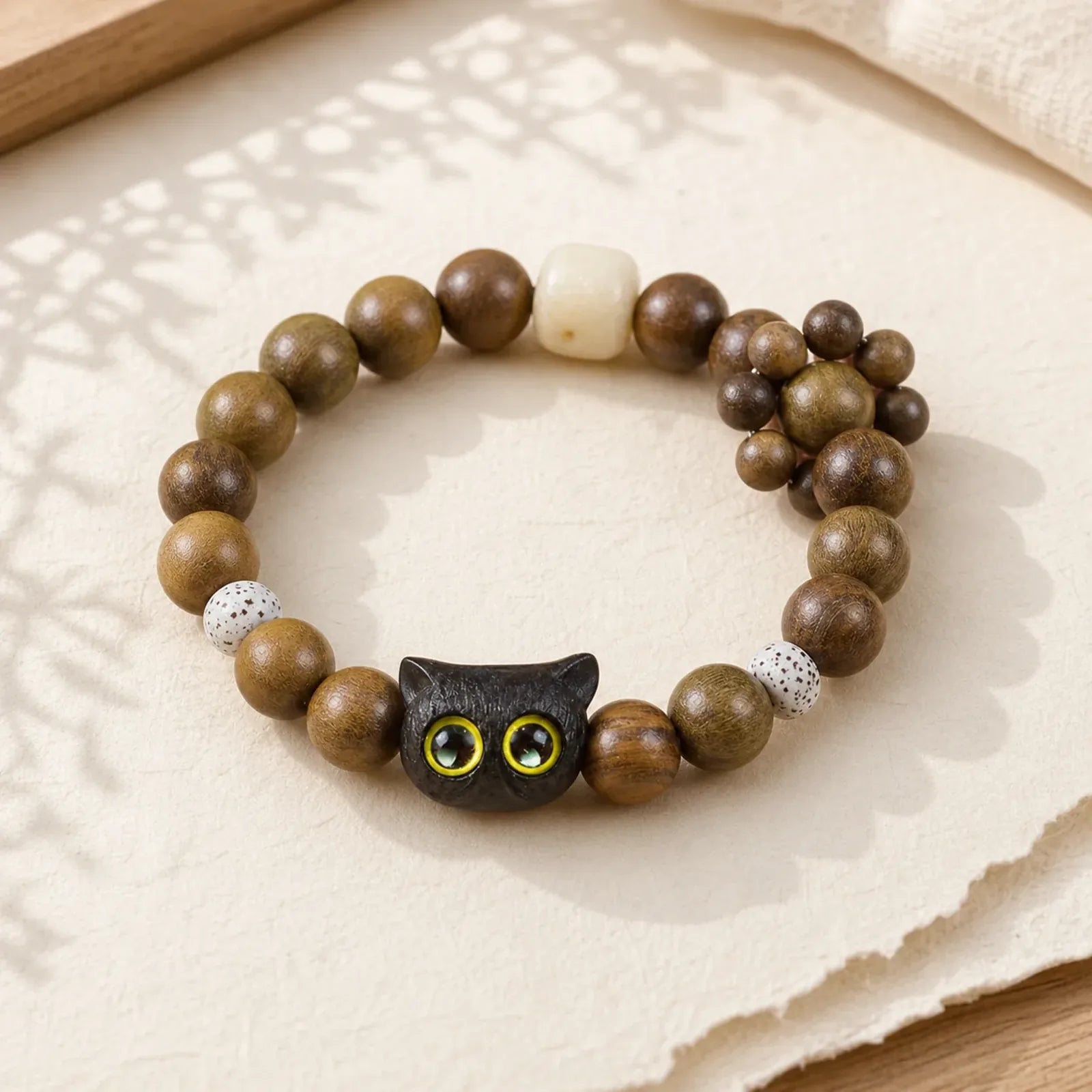 Ebony Wood Lucky Cat Grounding Beaded Bracelet featuring Ebony Wood, Ebony, Sandalwood