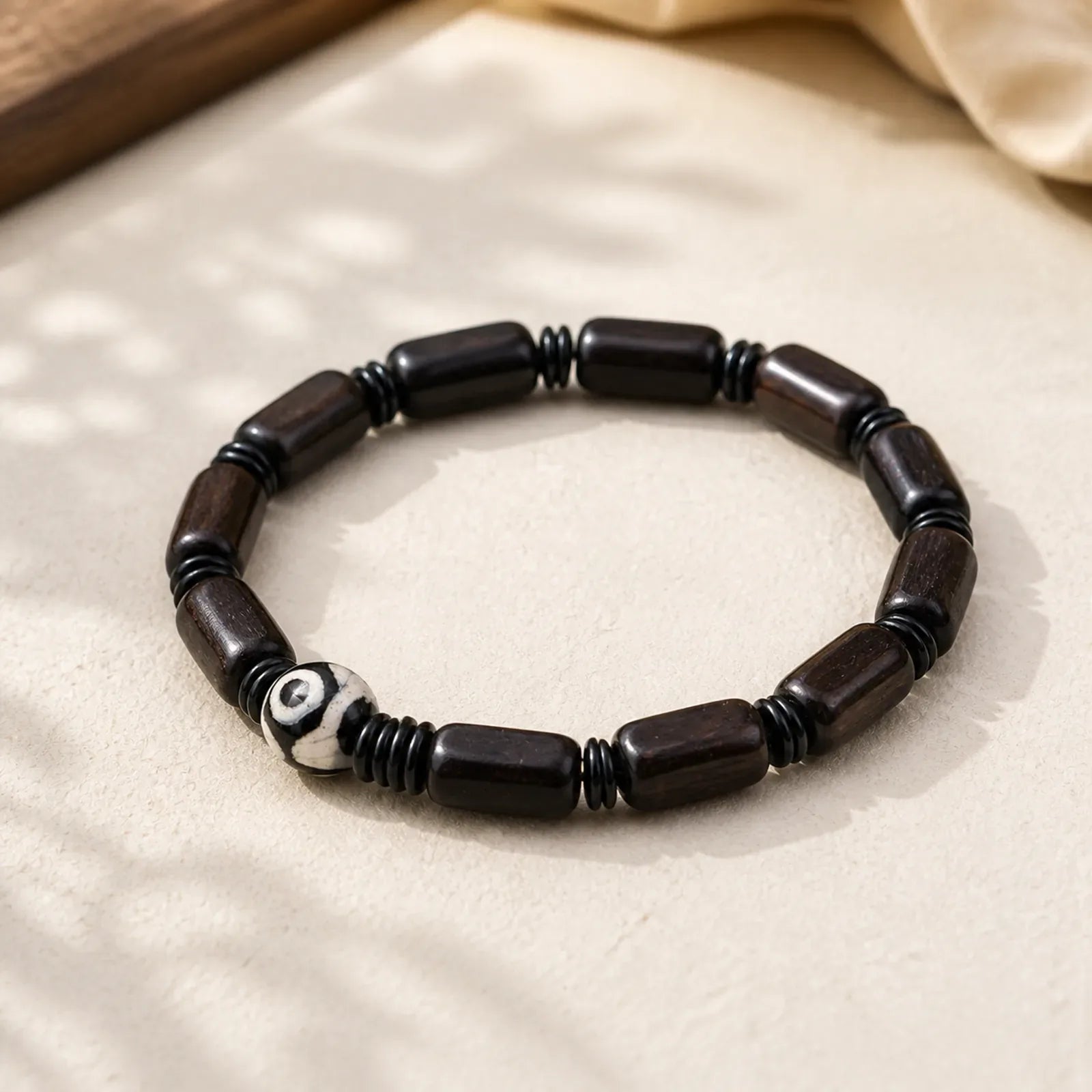 Ebony Wood Rectangular Beads Dzi Bead Balance Bracelet featuring Ebony Wood, Ebony, Dzi Bead